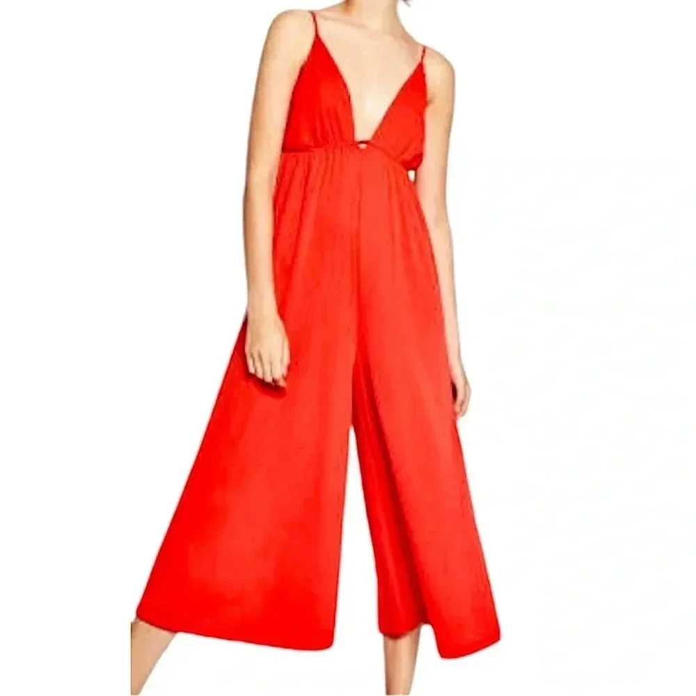 Zara Red Orange Tank Wide Leg Jumpsuit